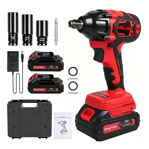 Taladro Atornillador Inalámbrico Llave De Impacto Pistola 12.7mm HIRLAN Bs01 Con 2 Baterías Con Maletín De Transporte Rojo